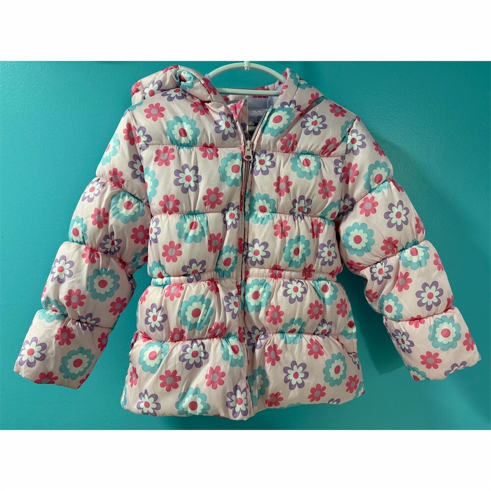 Circo Puffer Jacket Girls 4T Multicolor Floral Hooded Quilted Full Zip